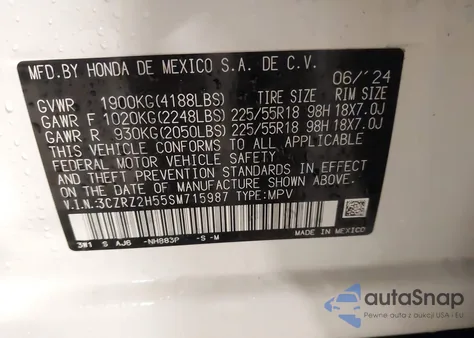 2025 Honda Hr-V Awd Sport z USA, uszkodzony, nr VIN 3CZRZ2H55SM715987